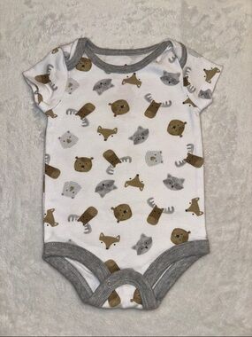(3 for $10) Canadiana White Baby Onesie with Woodland Animal Print bodysuit